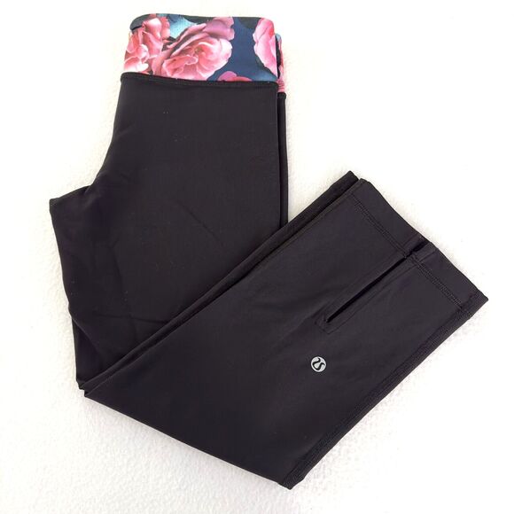 Lululemon Gather & Crow Crop Sz 2 Black Floral Waistband Secret Garden Split Hem - Picture 1 of 13